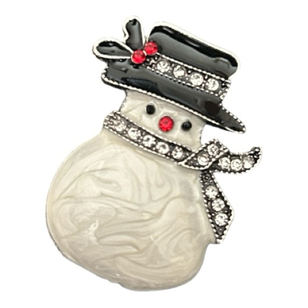 Christmas Snowman Brooch with Black Hat and Scarf, Featuring Red Nose 1.39” L